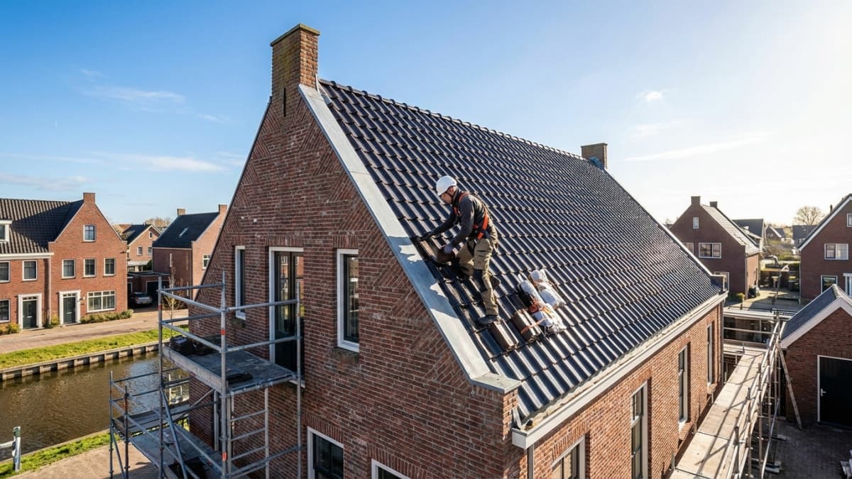 Professionele dakdekker legt nieuwe dakpannen op een Nederlands huis