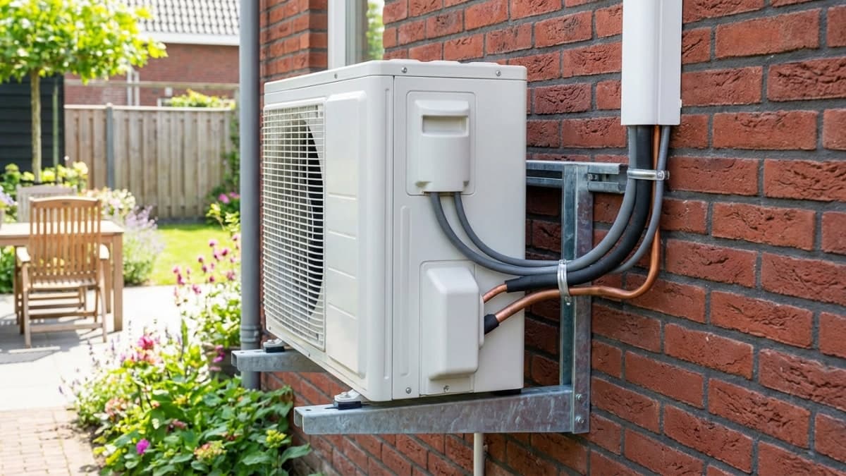 Airco buitenunit aan gevel van woning