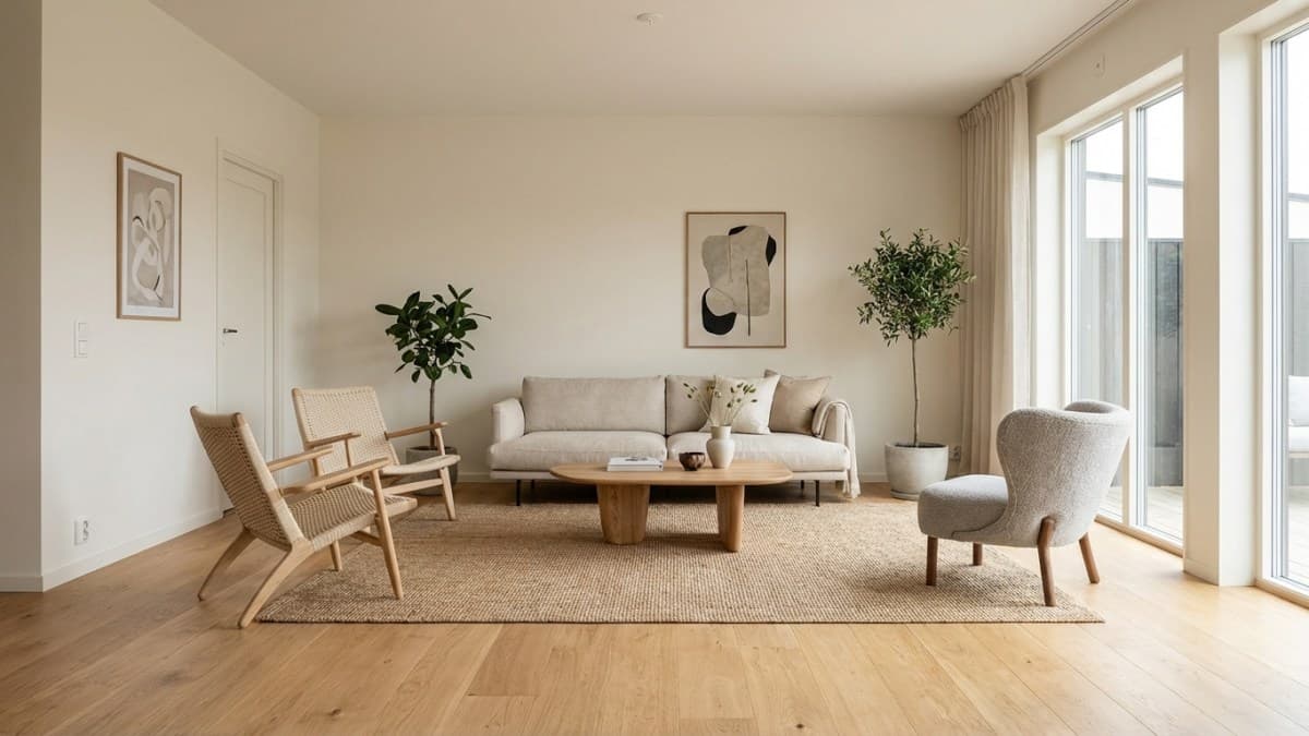 Moderne woonkamer met lichte eiken houten vloer