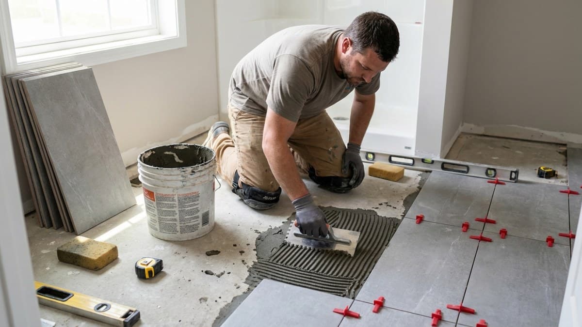 Tegelzetter brengt tegellijm aan op vloer