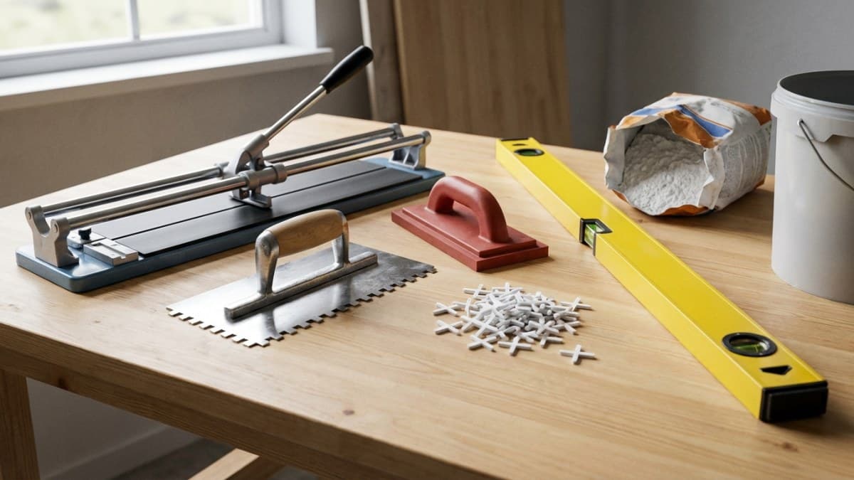 Tegelgereedschap: tegelsnijder, spaan en voegmateriaal
