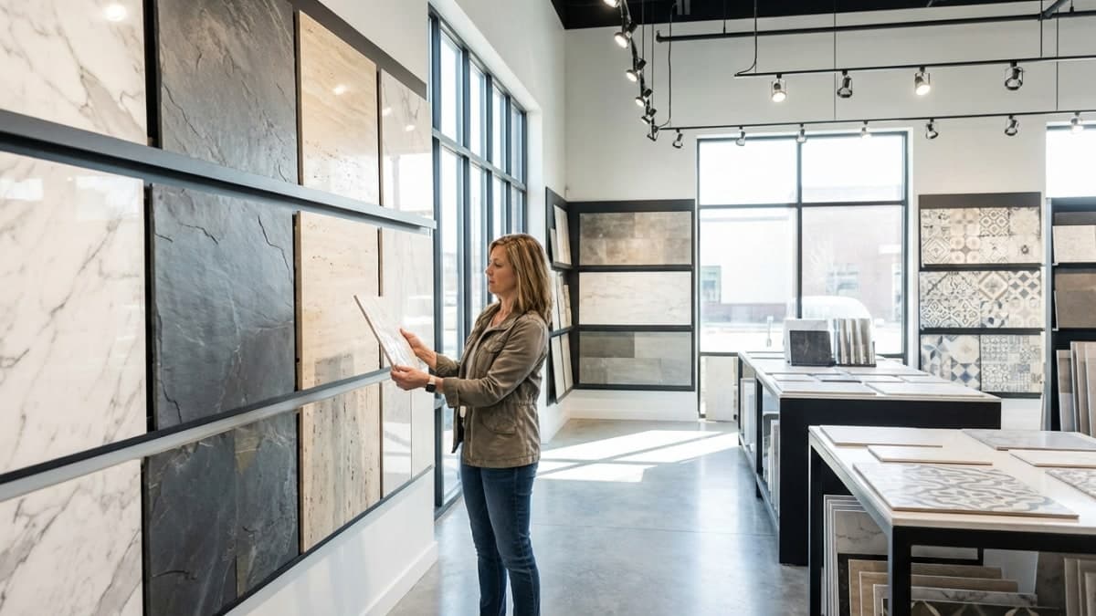 Tegelshowroom met verschillende tegels