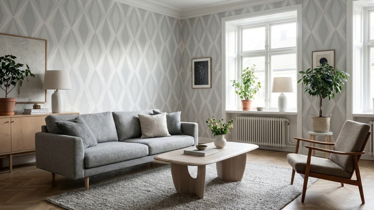 Woonkamer met elegant geometrisch behang