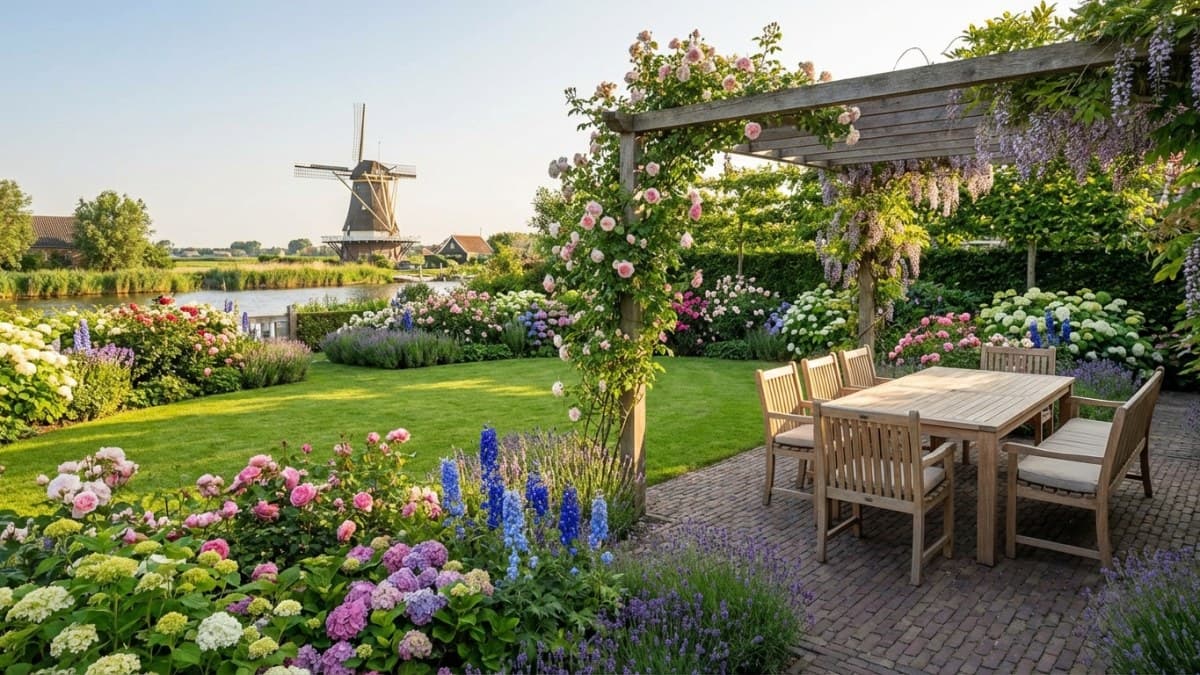 Prachtige Nederlandse achtertuin met gazon en terras