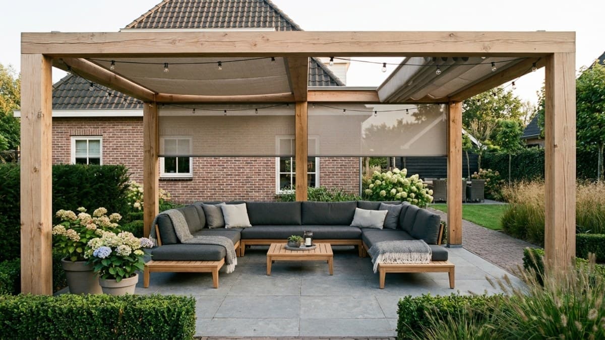 Moderne houten terrasoverkapping met loungemeubels