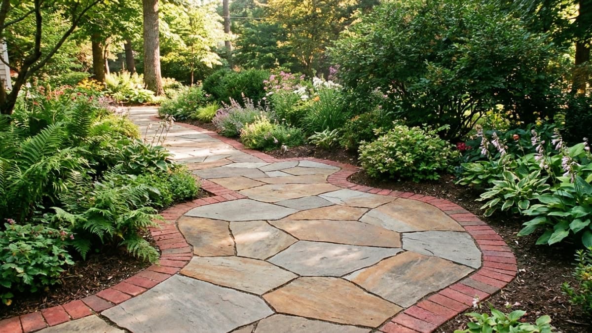 Tuinpad met natuurstenen tegels door groene tuin