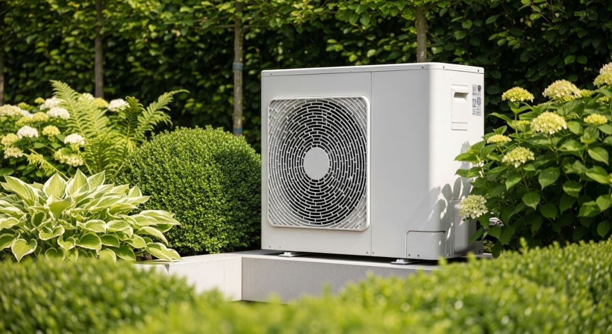 Warmtepomp buitenunit in Nederlandse tuin