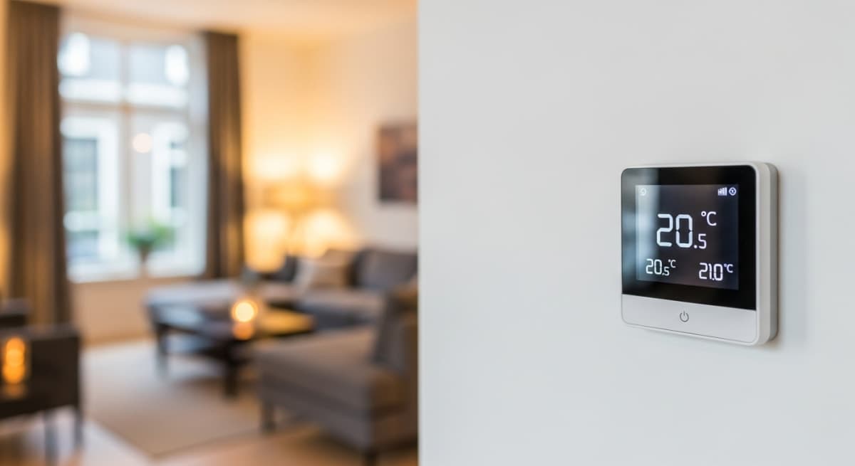 Slimme thermostaat voor warmtepomp in moderne woonkamer