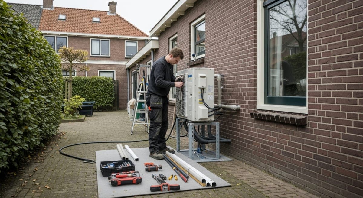 Monteur installeert warmtepomp bij Nederlandse woning