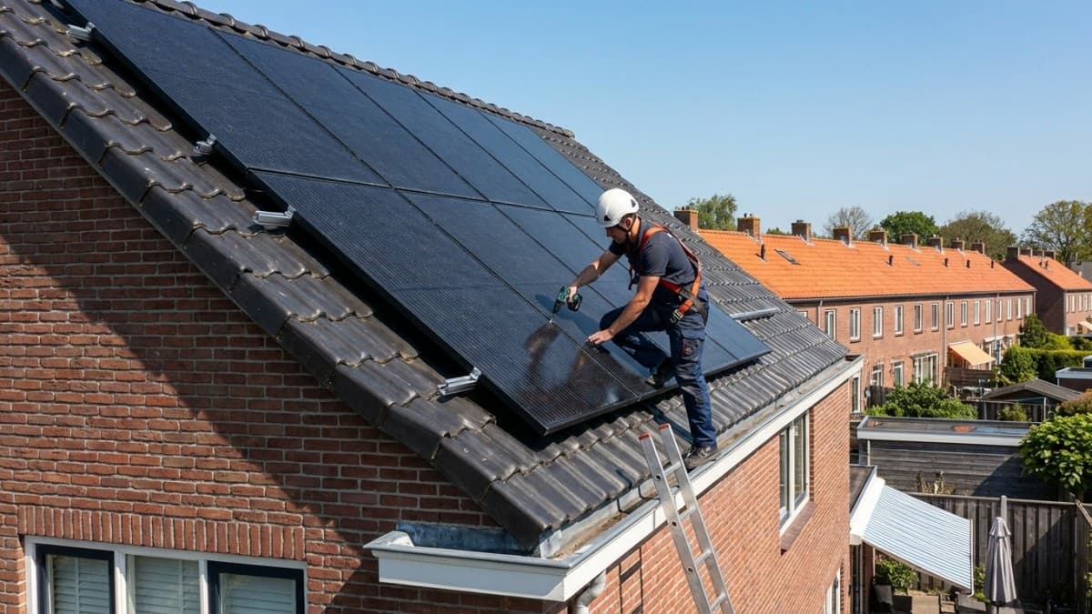 Professionele installateur monteert zonnepanelen op een Nederlands dak