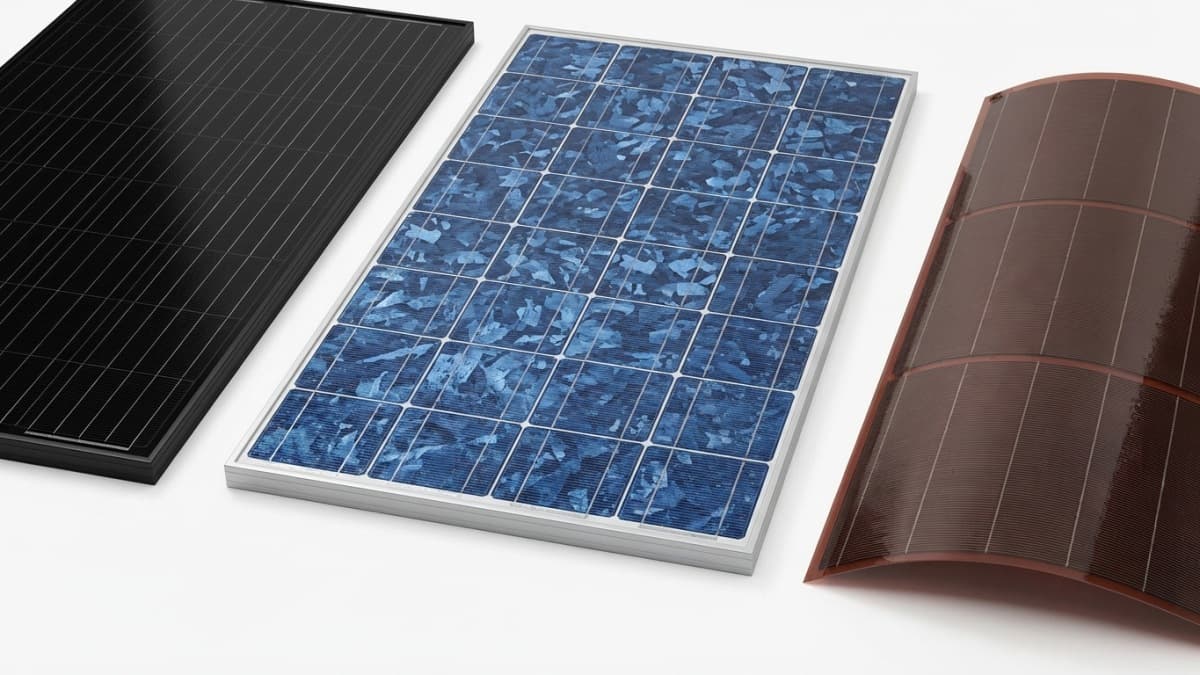 Verschillende typen zonnepanelen naast elkaar: mono, poly en dunnefilm
