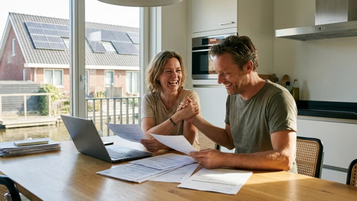 Nederlands koppel bekijkt tevreden de subsidie documenten aan de keukentafel
