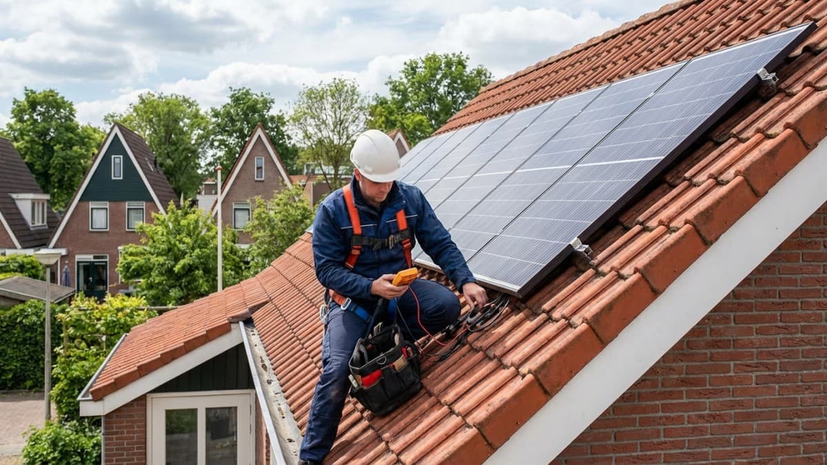 Technicus inspecteert zonnepanelen op een Nederlands dak
