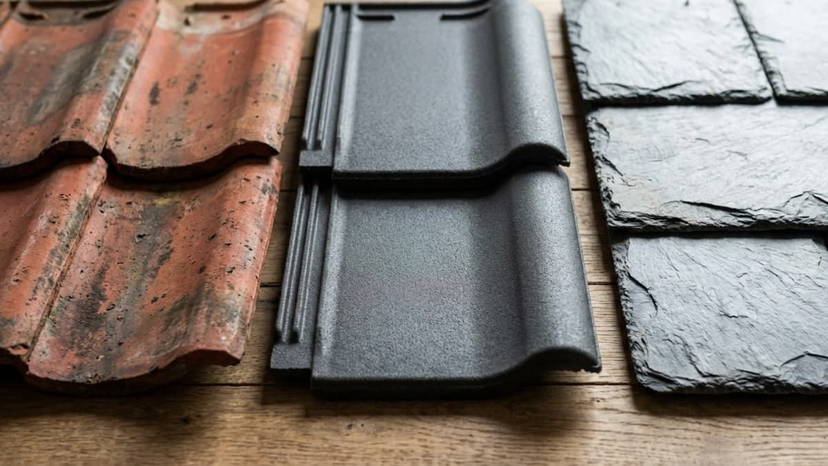 Verschillende typen dakpannen naast elkaar: keramisch, beton en leisteen