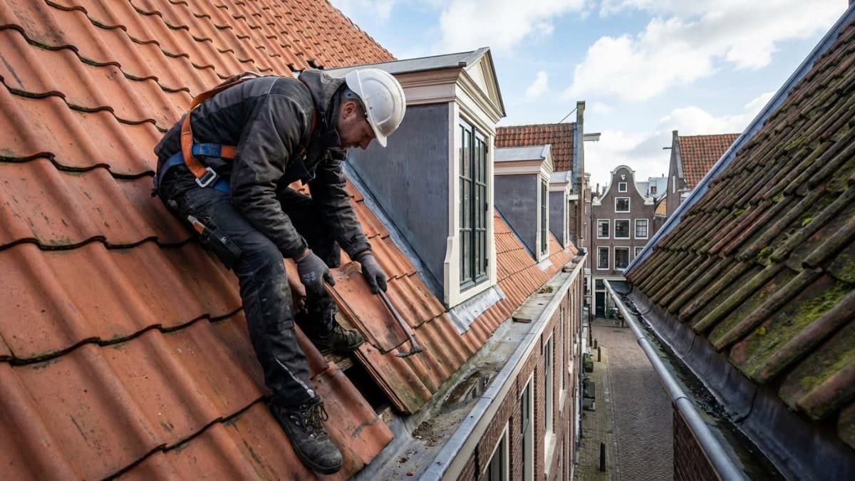 Dakdekker inspecteert de staat van dakpannen en dakgoten