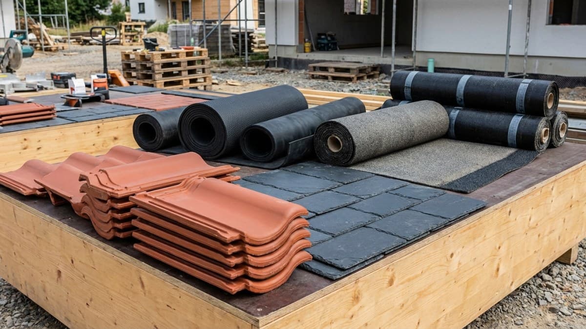 Verschillende dakbedekkingsmaterialen: keramische pannen, leisteen, EPDM en bitumen