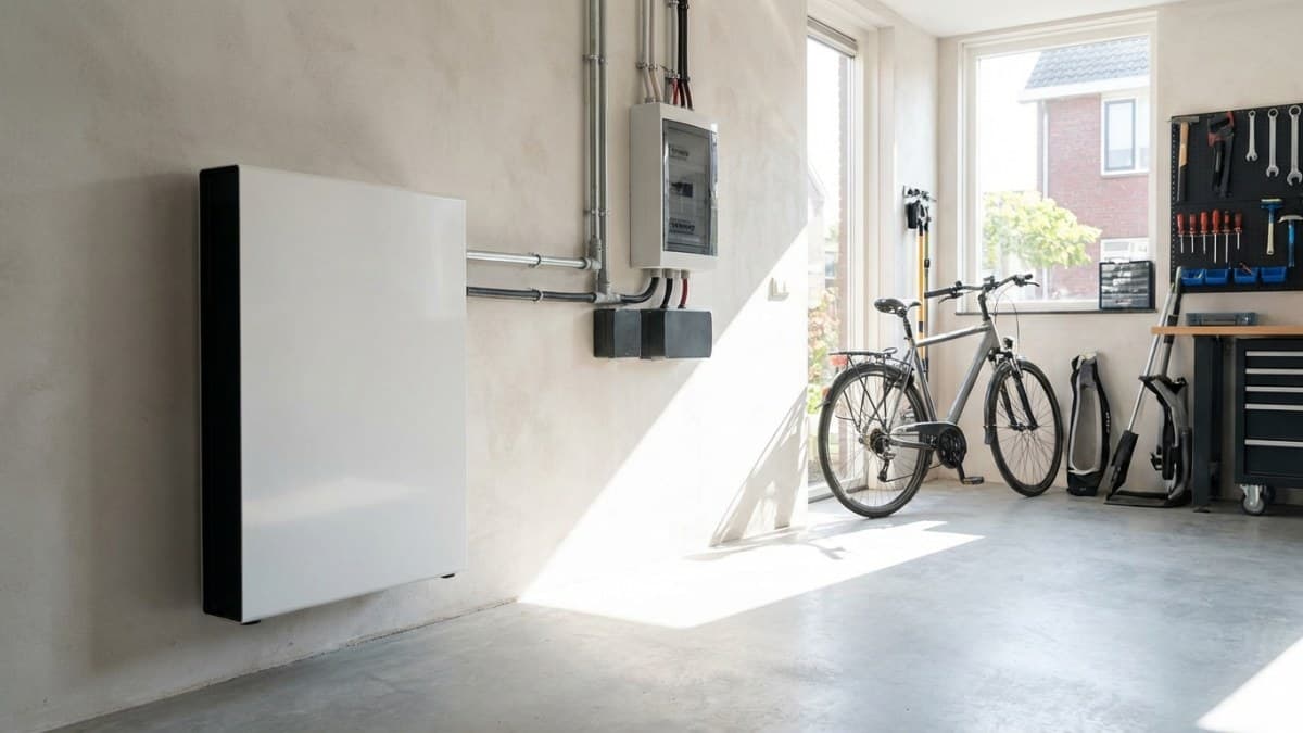 Thuisbatterij installatie aan de muur in een Nederlandse garage