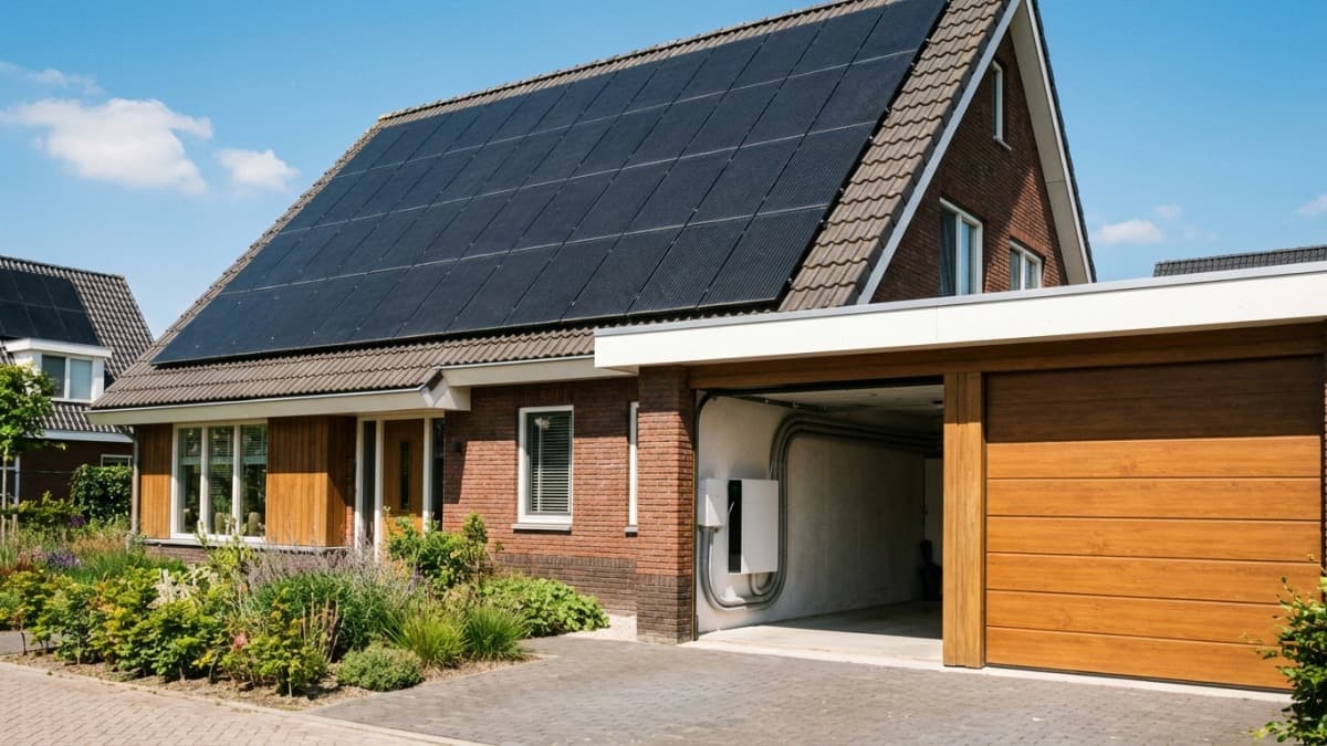Zonnepanelen op dak met thuisbatterij zichtbaar in garage