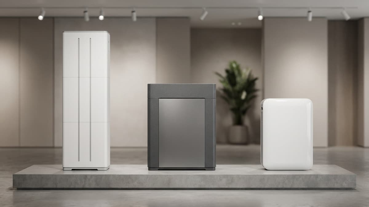 Verschillende thuisbatterij modellen naast elkaar in showroom