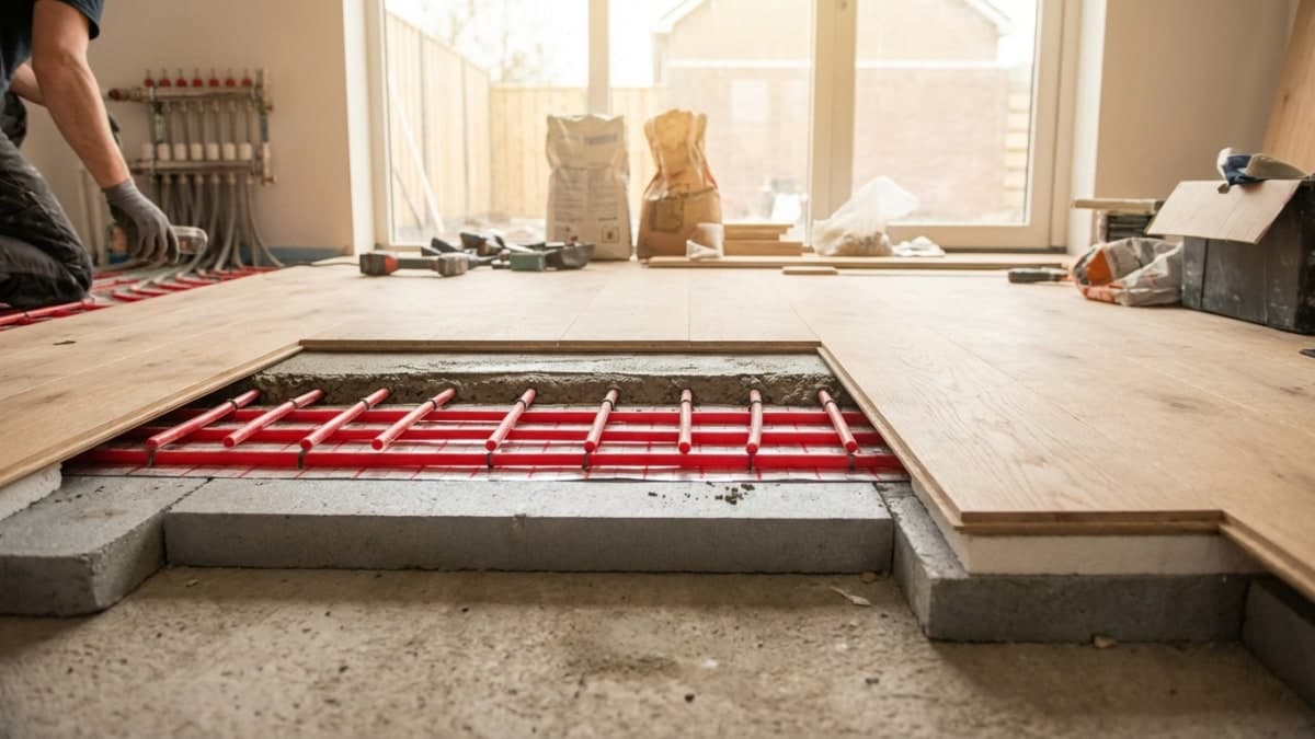 Vloerverwarming buizen in opbouw van vloer