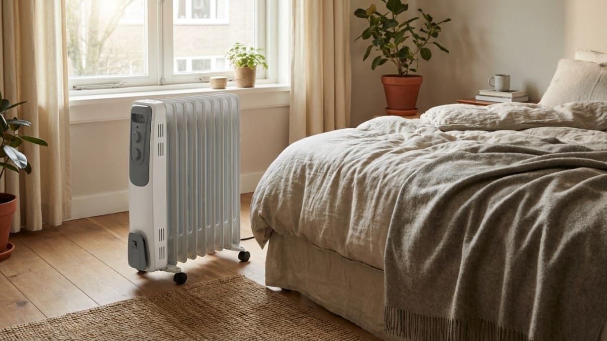 Elektrische oliegevulde radiator in slaapkamer