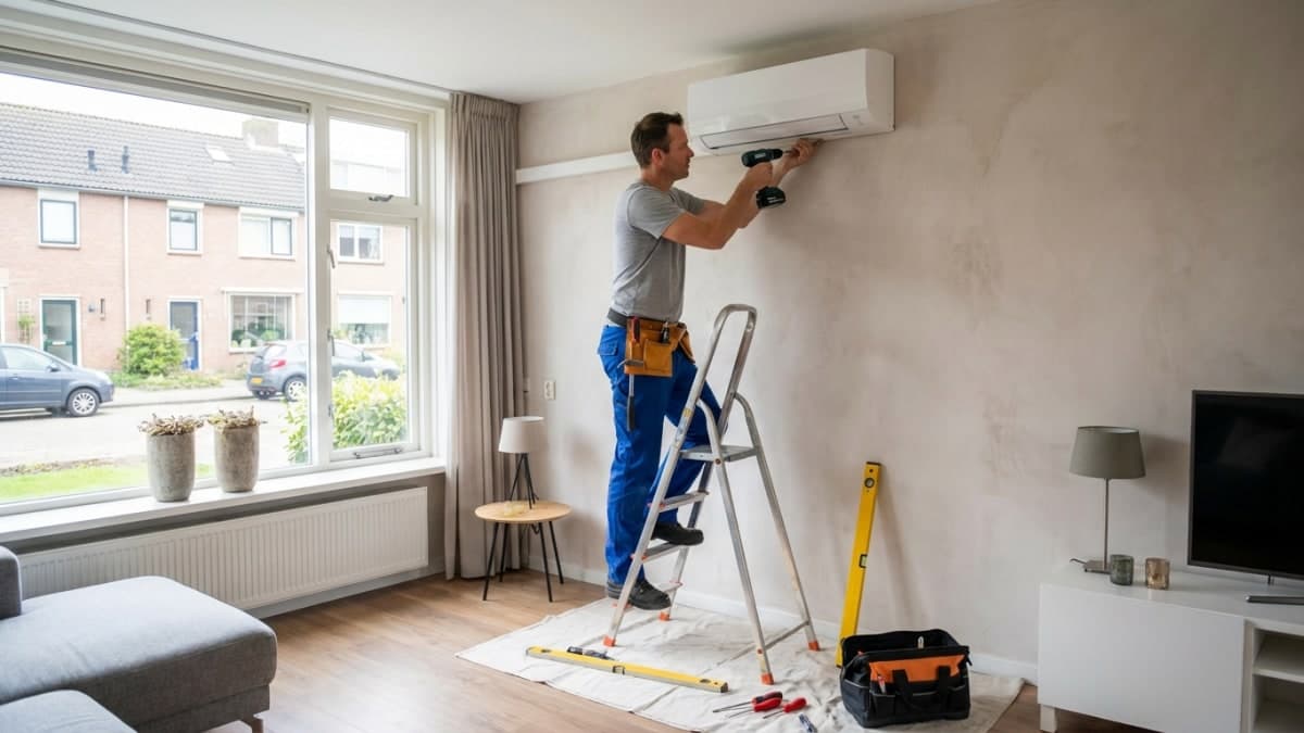 Monteur installeert airco binnenunit