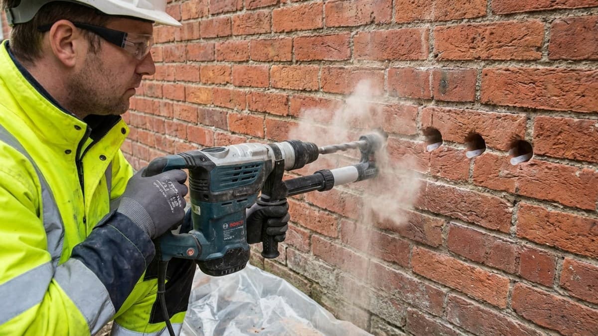 Installateur injecteert isolatiemateriaal in spouwmuur