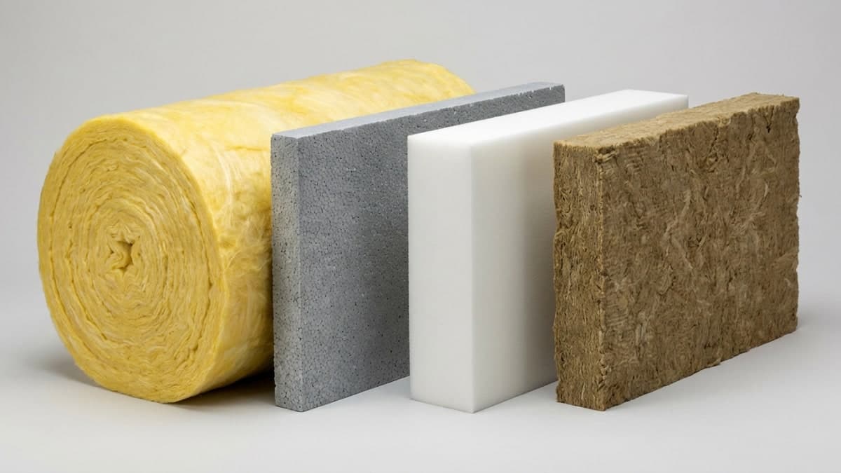 Verschillende isolatiematerialen: glaswol, EPS, PUR en steenwol
