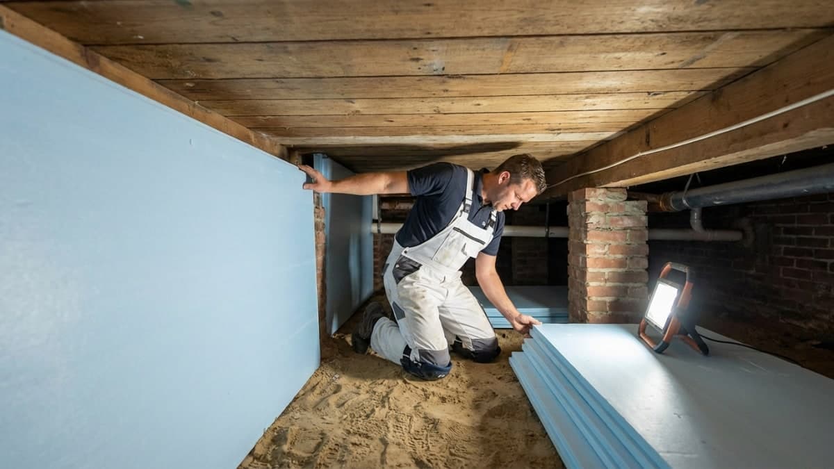 Vakman plaatst vloerisolatie onder houten vloer