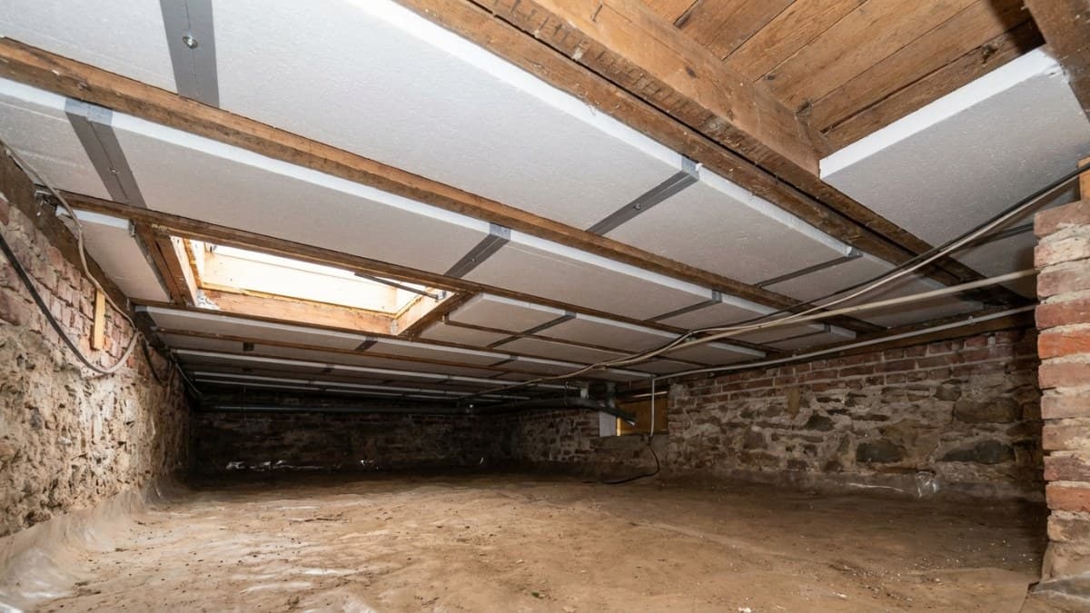 Kruipruimte met geïnstalleerde vloerisolatieplaten