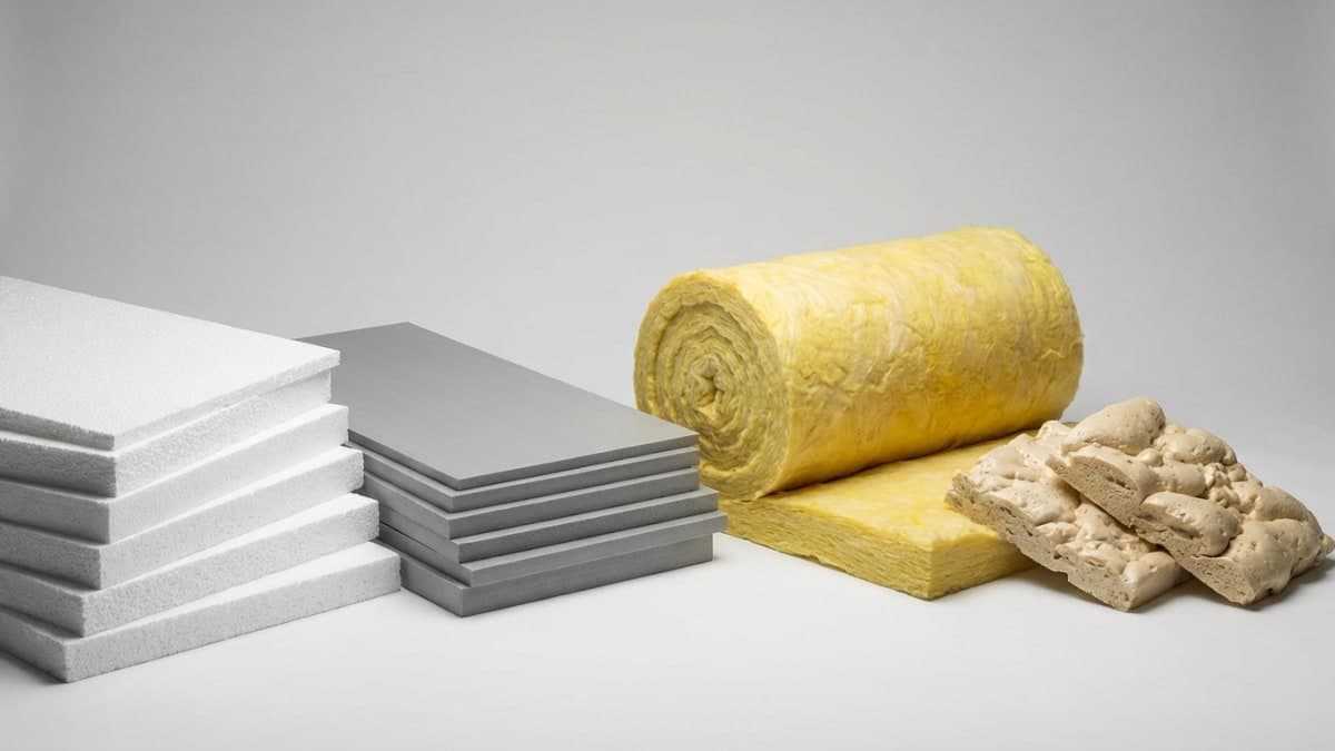 Verschillende vloerisolatiematerialen: EPS, XPS, glaswol en PUR