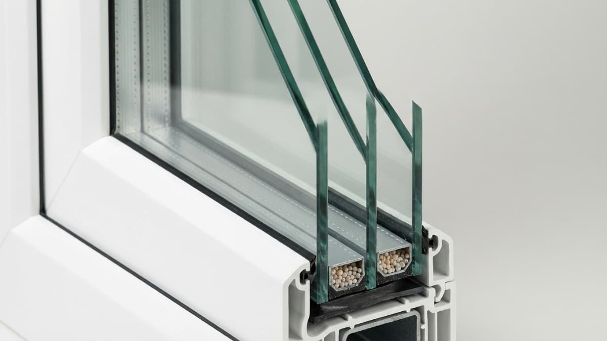 Doorsnede van triple glas met drie glaslagen en isolerende spouw