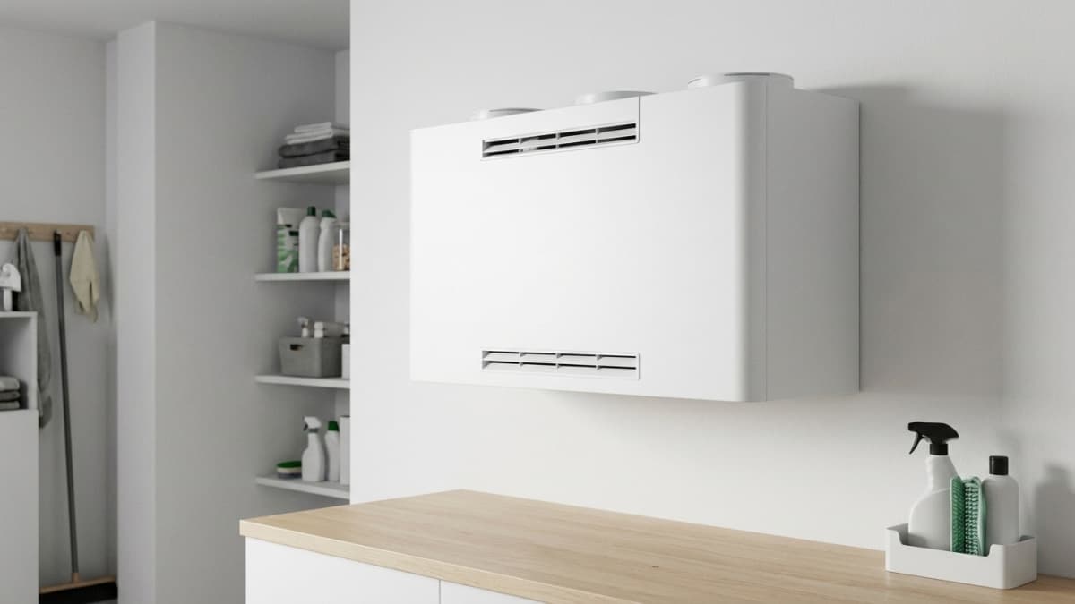 Moderne mechanische ventilatie-unit in bijkeuken