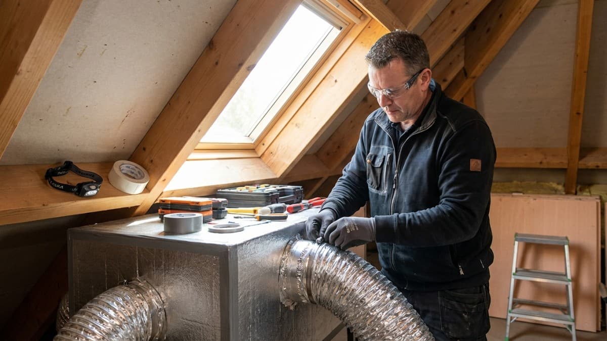 Installateur legt ventilatiekanalen aan op zolder