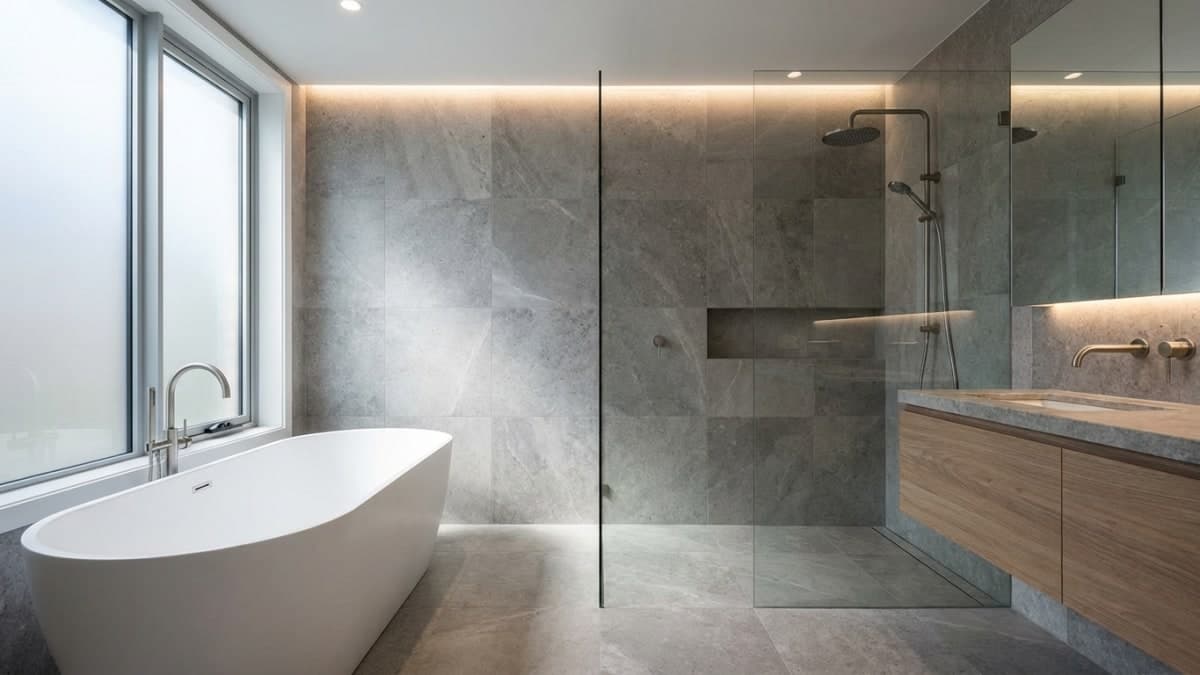 Moderne luxe badkamer met vrijstaand bad en inloopdouche