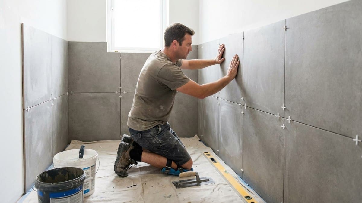 Tegelzetter plaatst wandtegels in badkamer