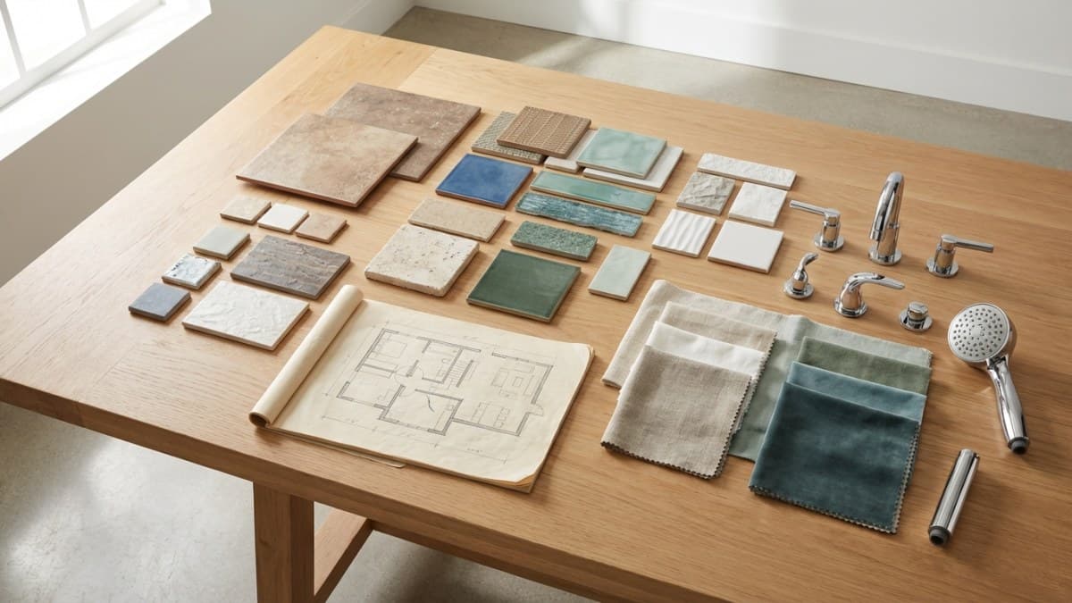Badkamerontwerp materialen en tegelsamples