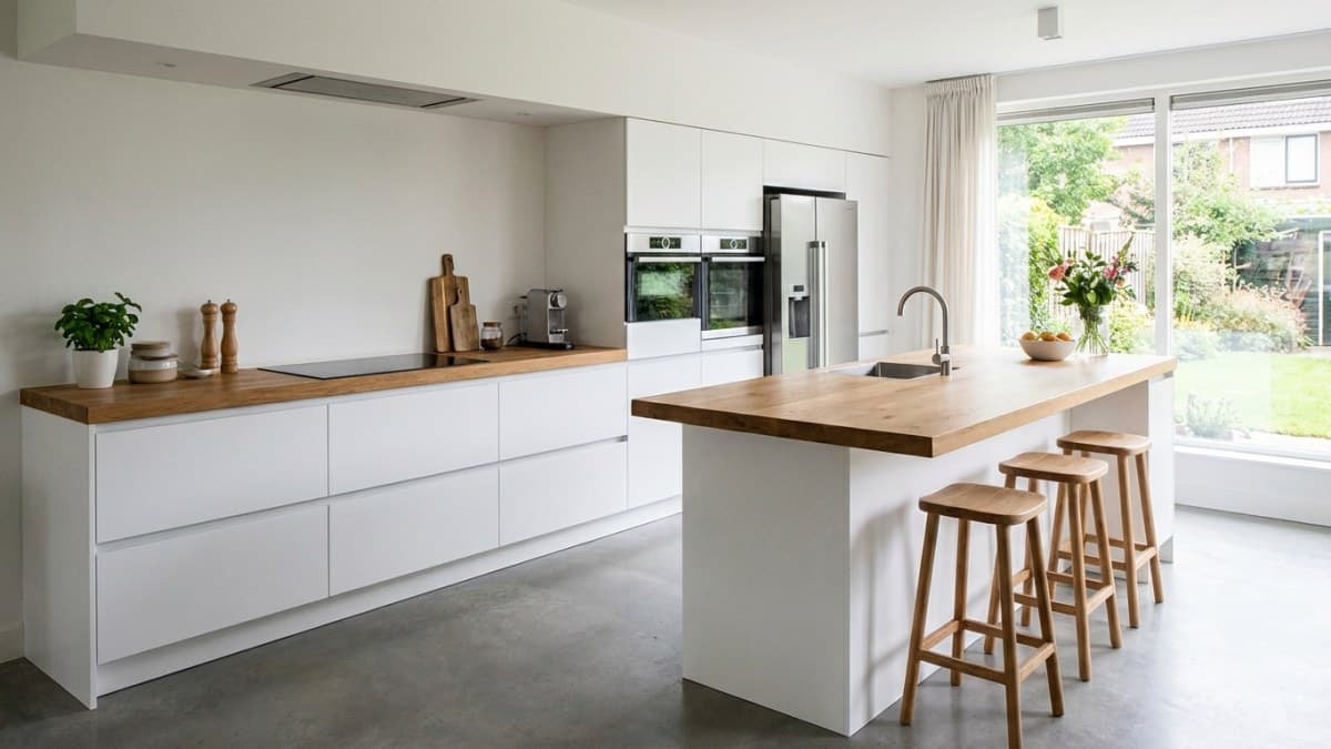 Moderne witte keuken met kookeiland en houten werkblad