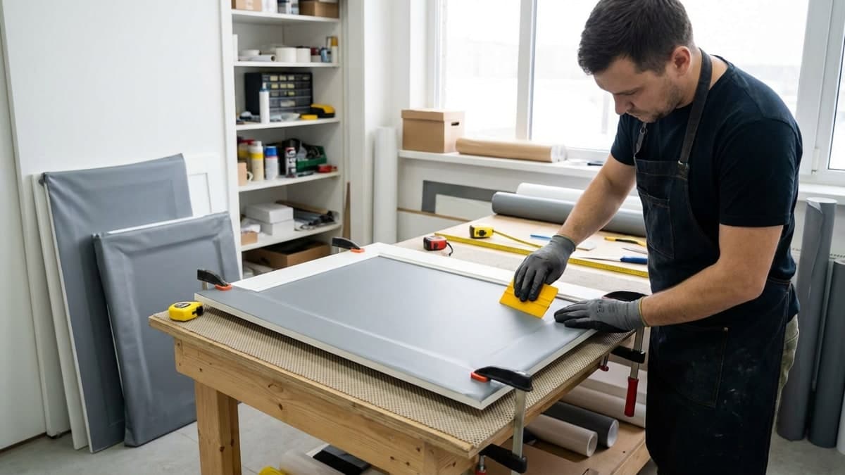 Vakman wikkelt keukenkastjes met vinyl wrapfolie