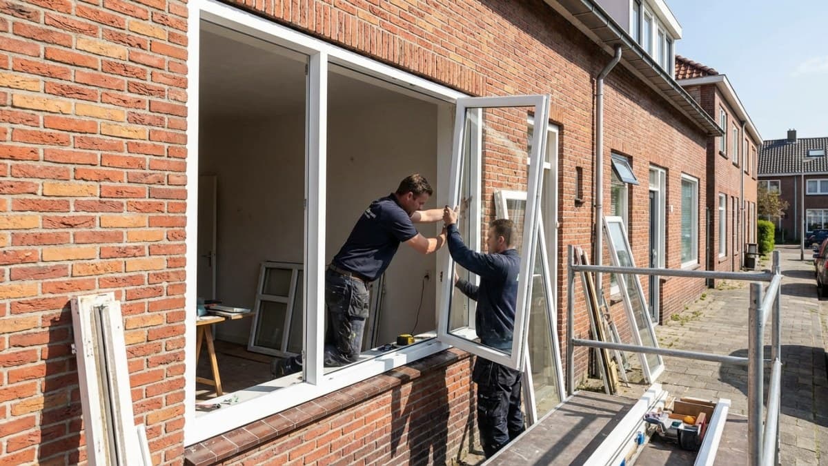 Monteurs plaatsen nieuw kunststof kozijn