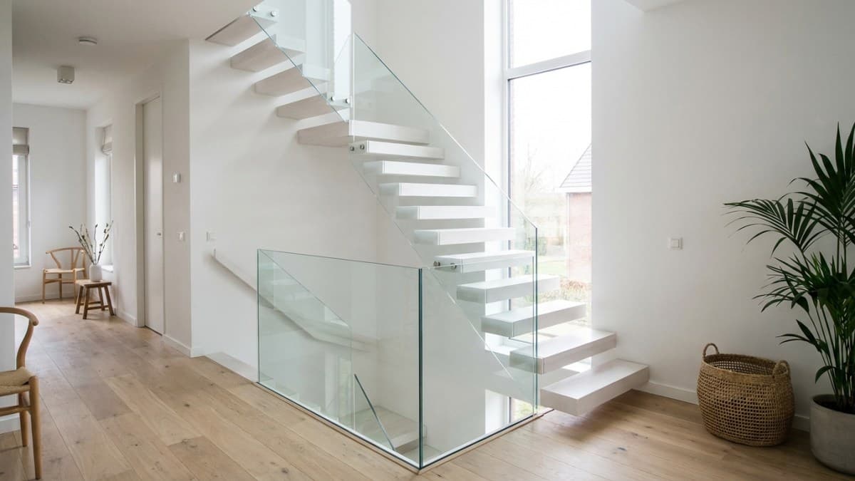 Moderne witte houten trap met glazen balustrade