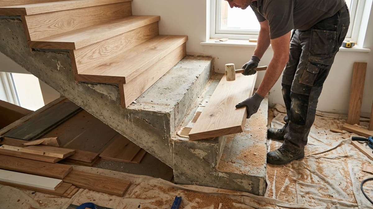 Houten traptreden worden geplaatst op bestaande trap