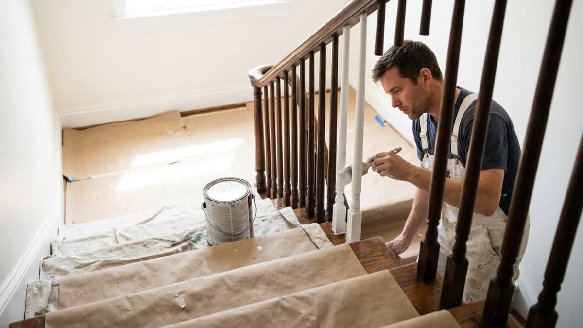 Schilder verft houten trapspijlen wit