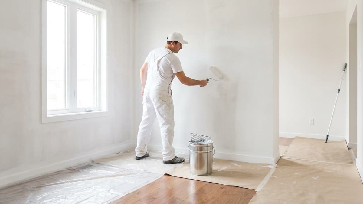 Schilder brengt witte muurverf aan met roller