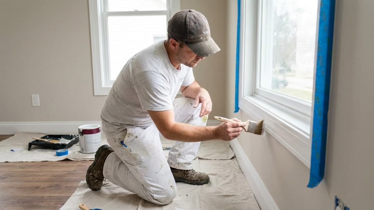 Schilder werkt aan kozijn met penseel