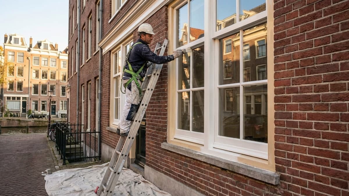 Schilder op ladder schildert buitenkozijn