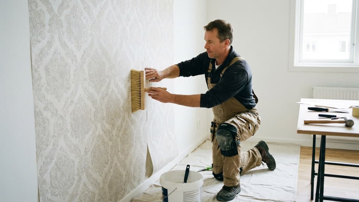 Behanger brengt behang aan met strijkborstel