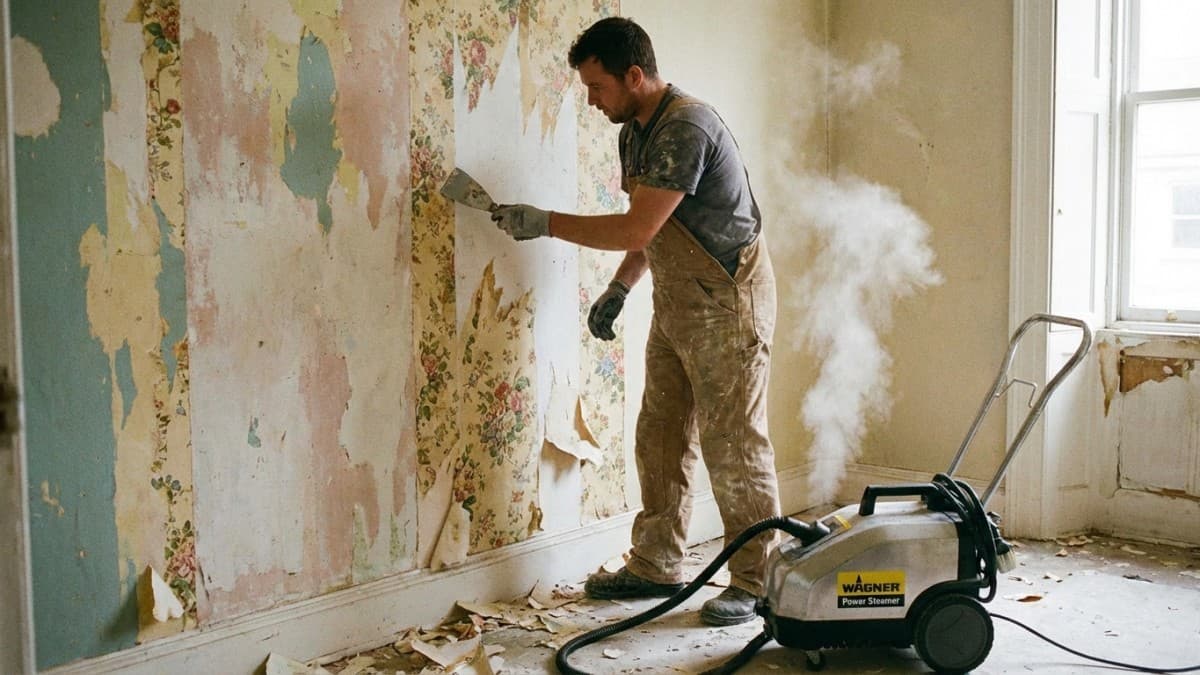 Oud behang verwijderen met stomer en schraper