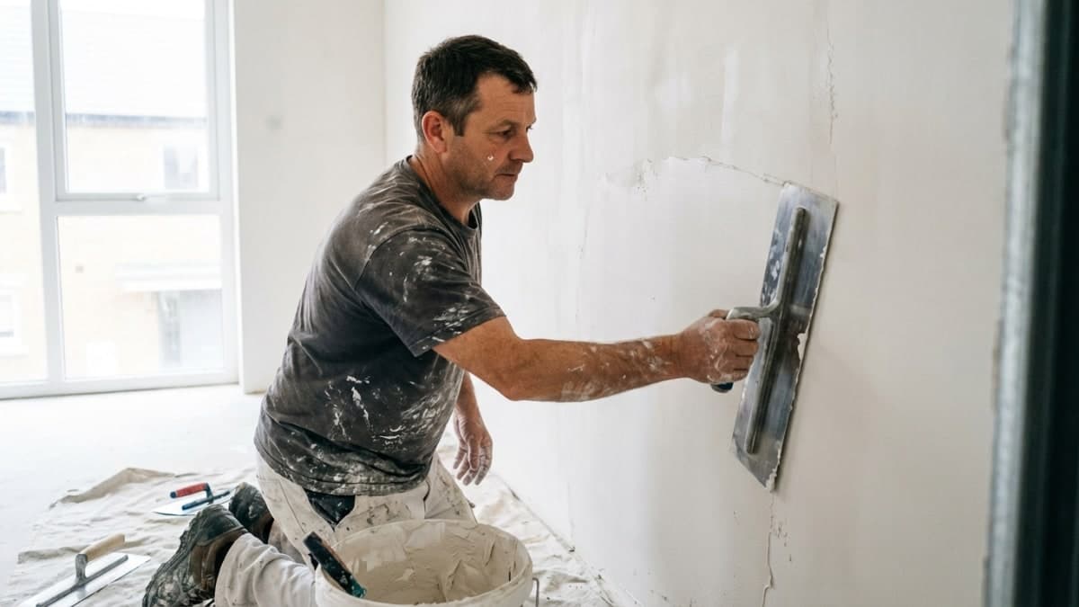 Stukadoor brengt pleisterwerk aan met troffel