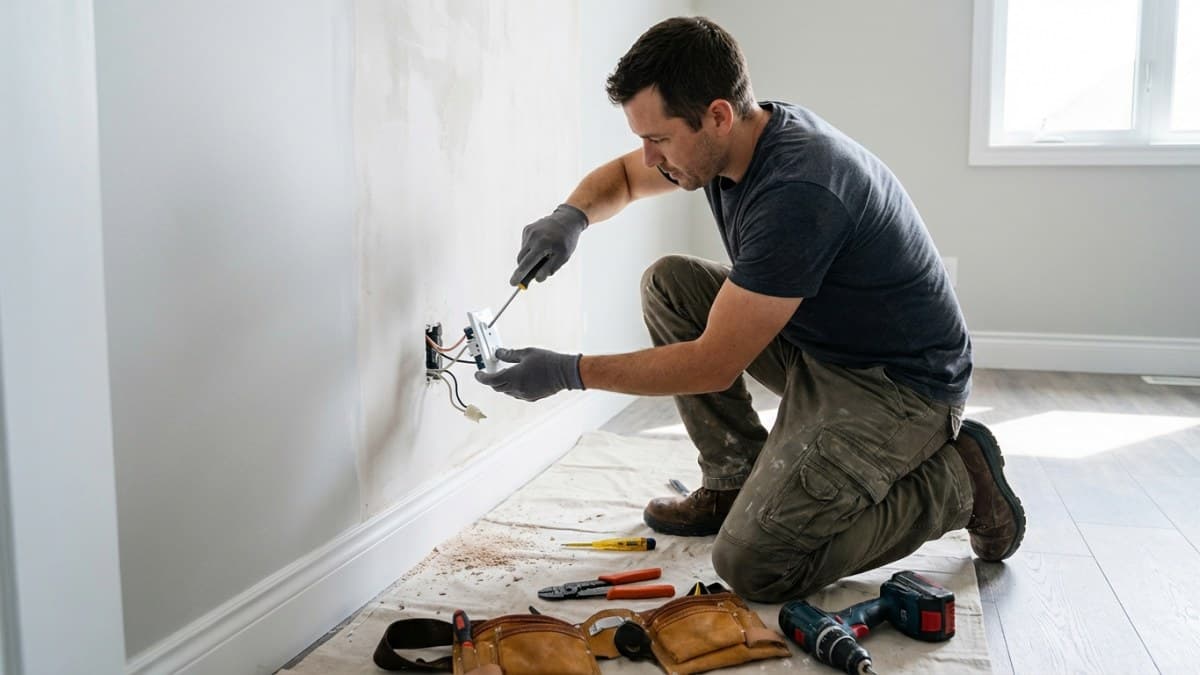 Elektricien installeert stopcontact in muur